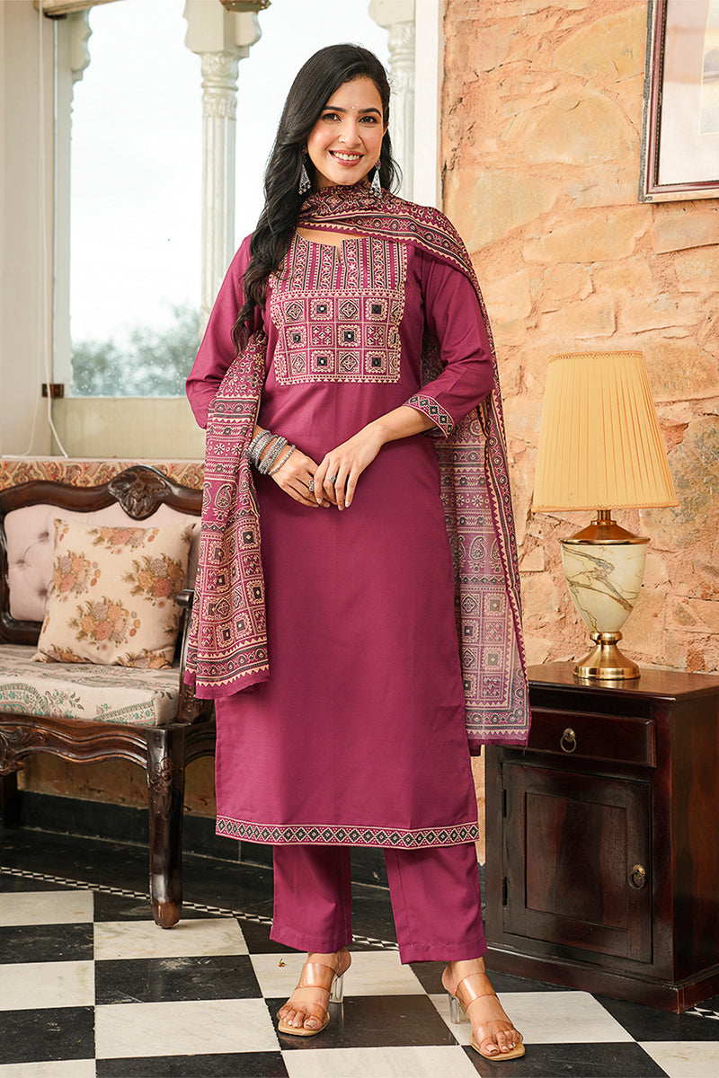 Purple Cotton Blend Ajrakh Printed Straight Kurta Trousers With Dupatta PKSKD3064