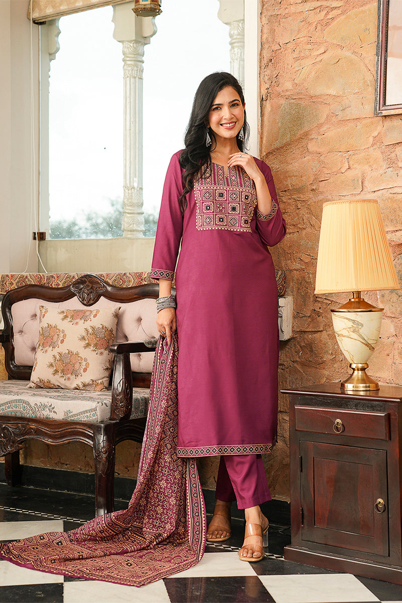 Purple Cotton Blend Ajrakh Printed Straight Kurta Trousers With Dupatta PKSKD3064