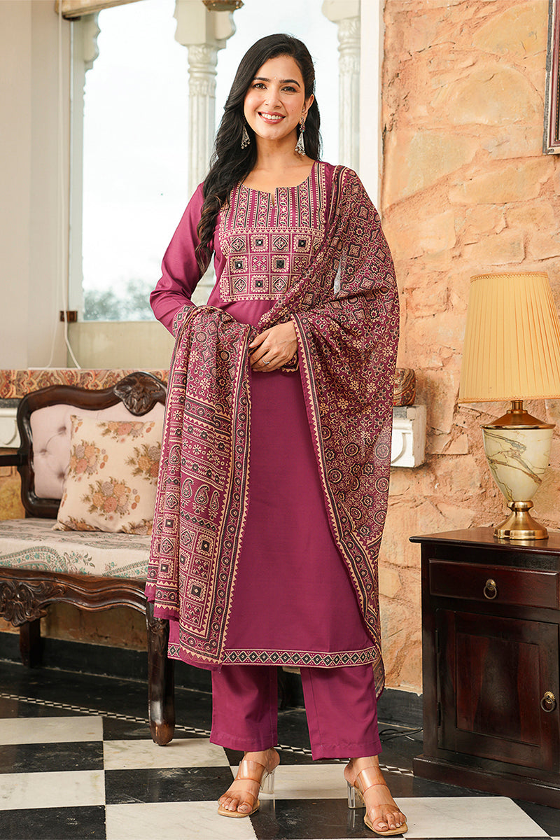 Purple Cotton Blend Ajrakh Printed Straight Kurta Trousers With Dupatta PKSKD3064