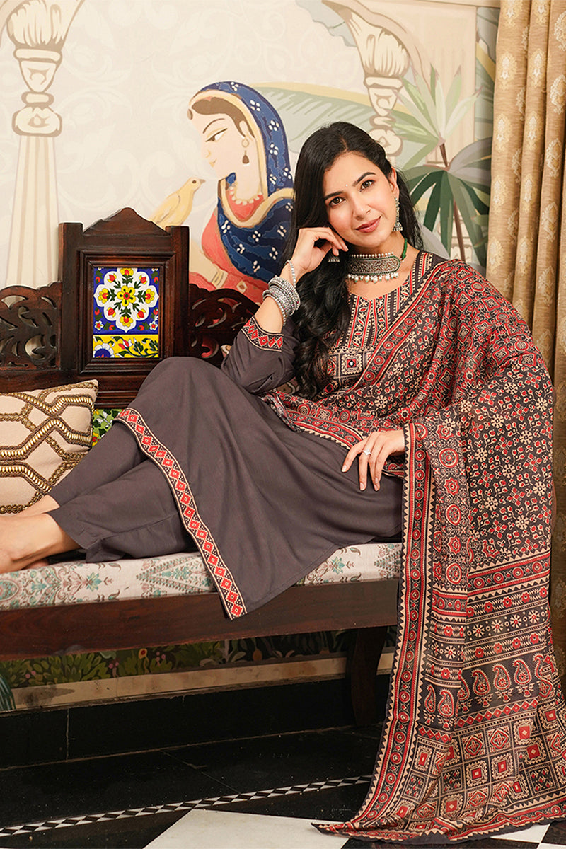 Black Cotton Blend Ajrakh Printed Straight Kurta Trousers With Dupatta PKSKD3065
