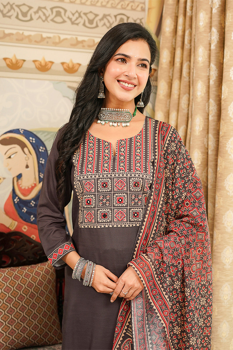 Black Cotton Blend Ajrakh Printed Straight Kurta Trousers With Dupatta PKSKD3065