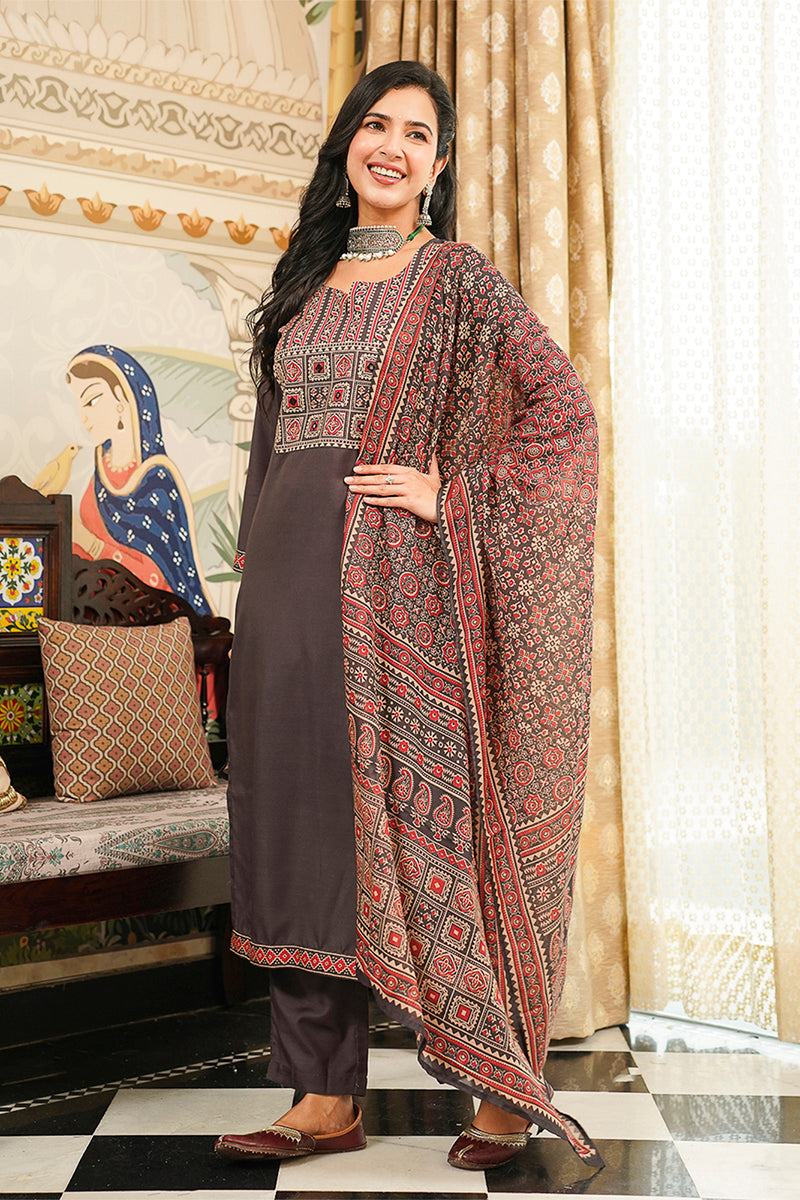 Black Cotton Blend Ajrakh Printed Straight Kurta Trousers With Dupatta PKSKD3065