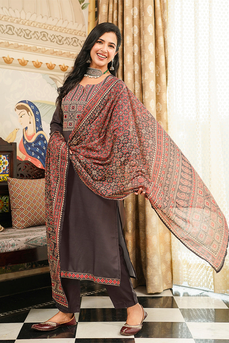 Black Cotton Blend Ajrakh Printed Straight Kurta Trousers With Dupatta PKSKD3065