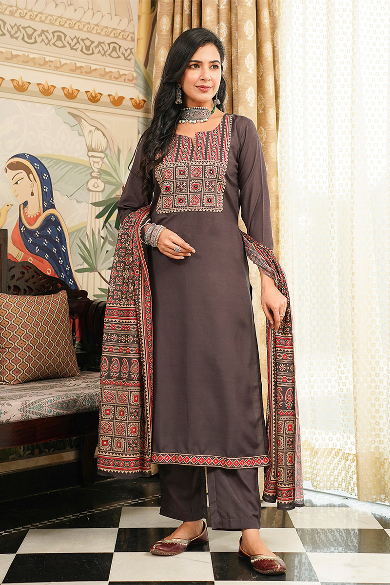 Black Cotton Blend Ajrakh Printed Straight Kurta Trousers With Dupatta PKSKD3065