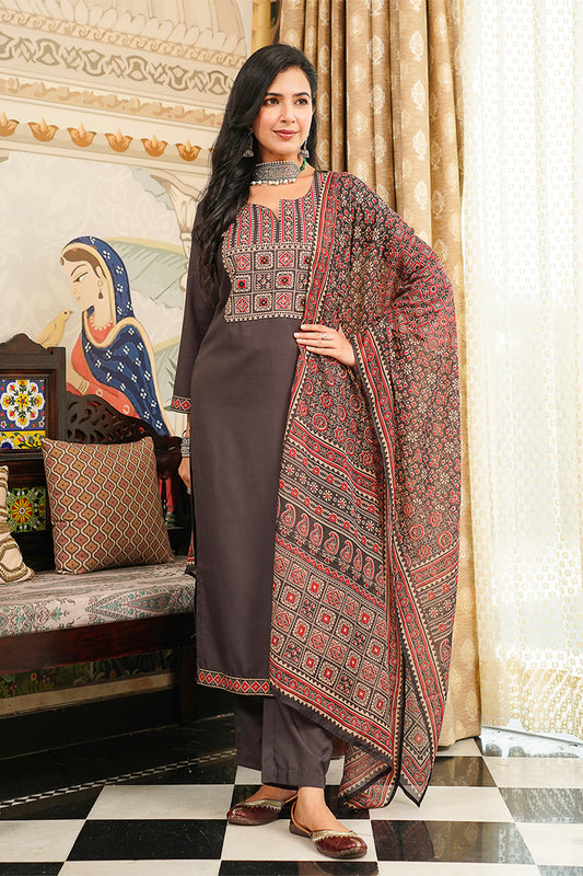 Black Cotton Blend Ajrakh Printed Straight Kurta Trousers With Dupatta PKSKD3065