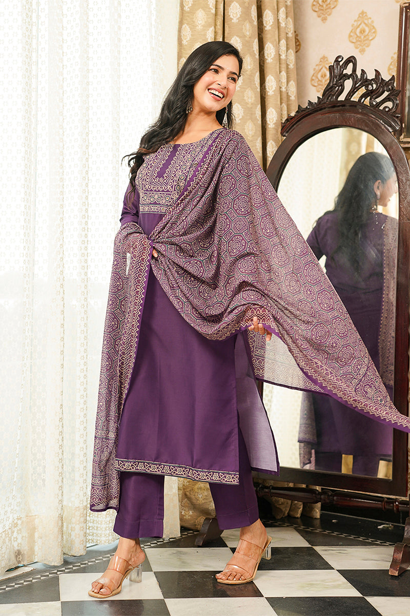 Purple Cotton Blend Ajrakh Printed Straight Kurta Trousers With Dupatta PKSKD3067