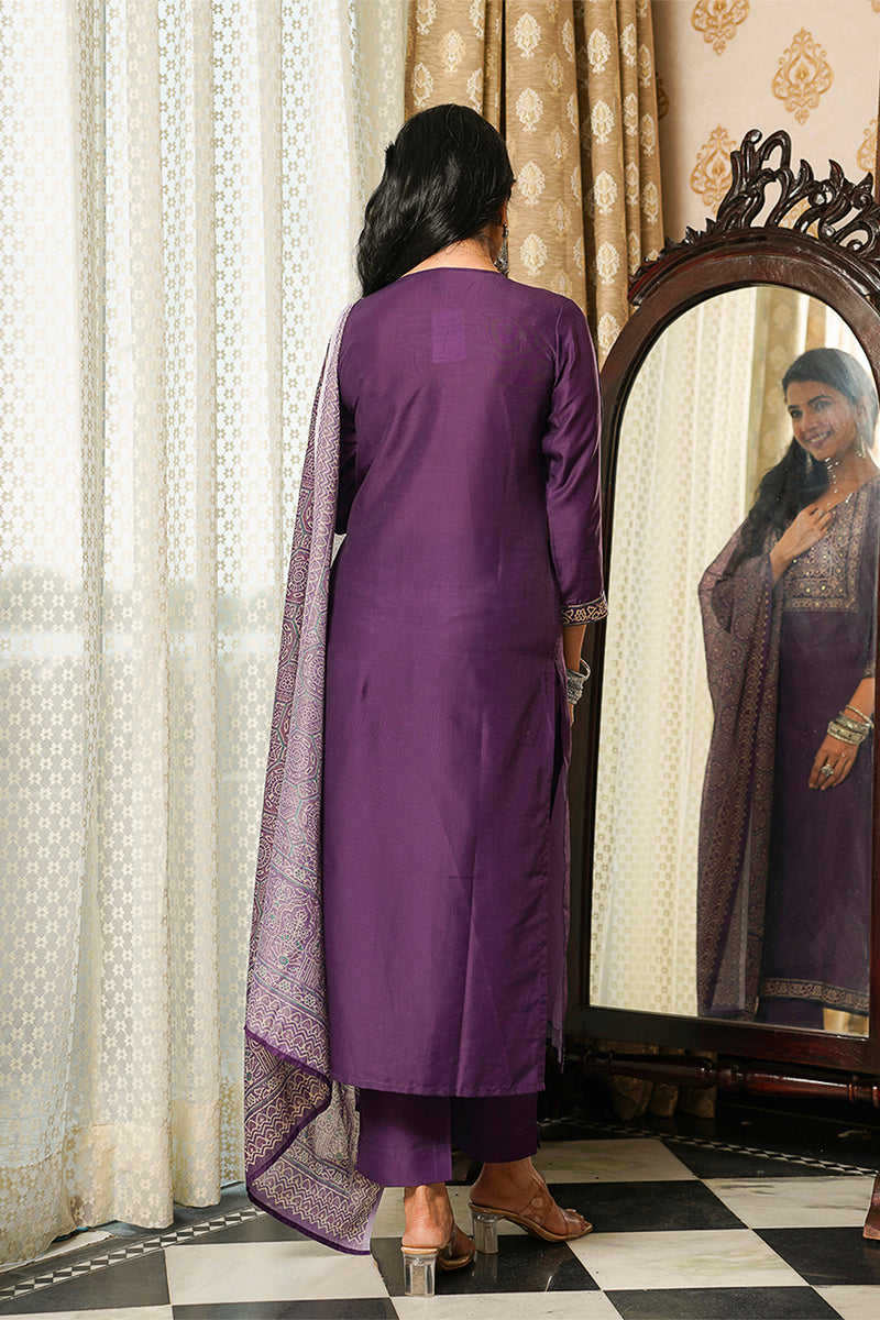 Purple Cotton Blend Ajrakh Printed Straight Kurta Trousers With Dupatta PKSKD3067