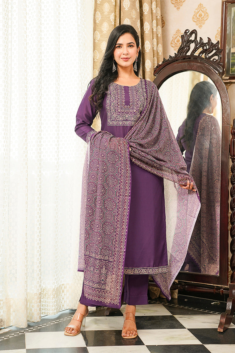 Purple Cotton Blend Ajrakh Printed Straight Kurta Trousers With Dupatta PKSKD3067