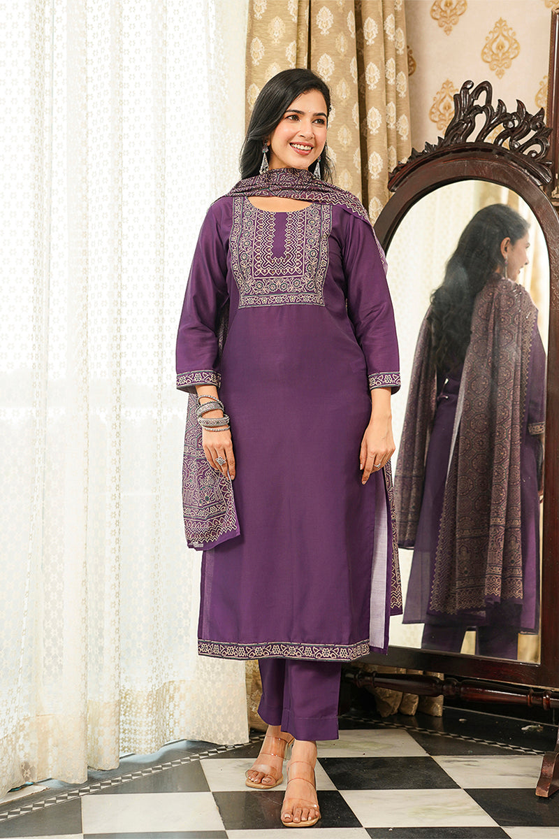 Purple Cotton Blend Ajrakh Printed Straight Kurta Trousers With Dupatta PKSKD3067