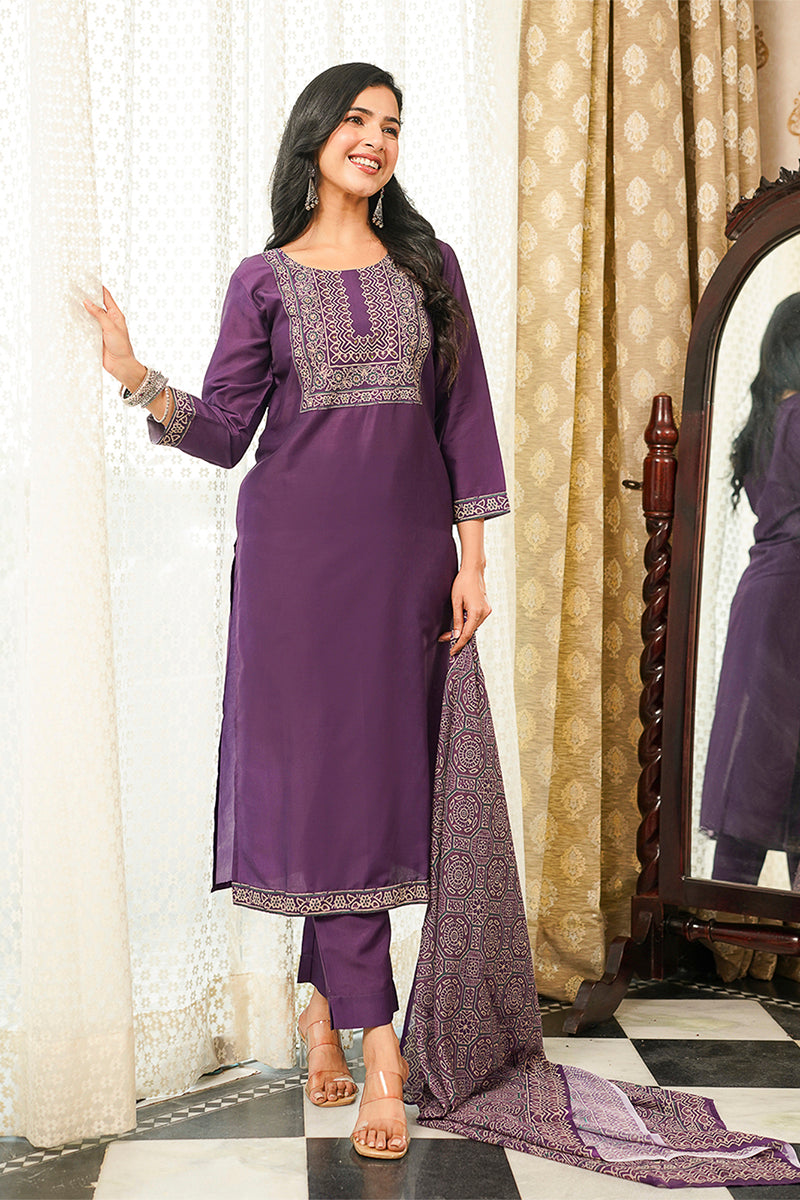 Purple Cotton Blend Ajrakh Printed Straight Kurta Trousers With Dupatta PKSKD3067