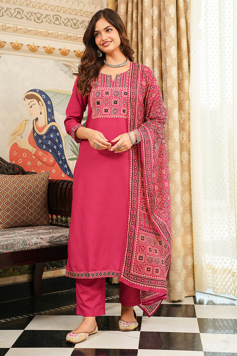 Pink Cotton Blend Ajrakh Printed Straight Kurta Trousers With Dupatta PKSKD3069