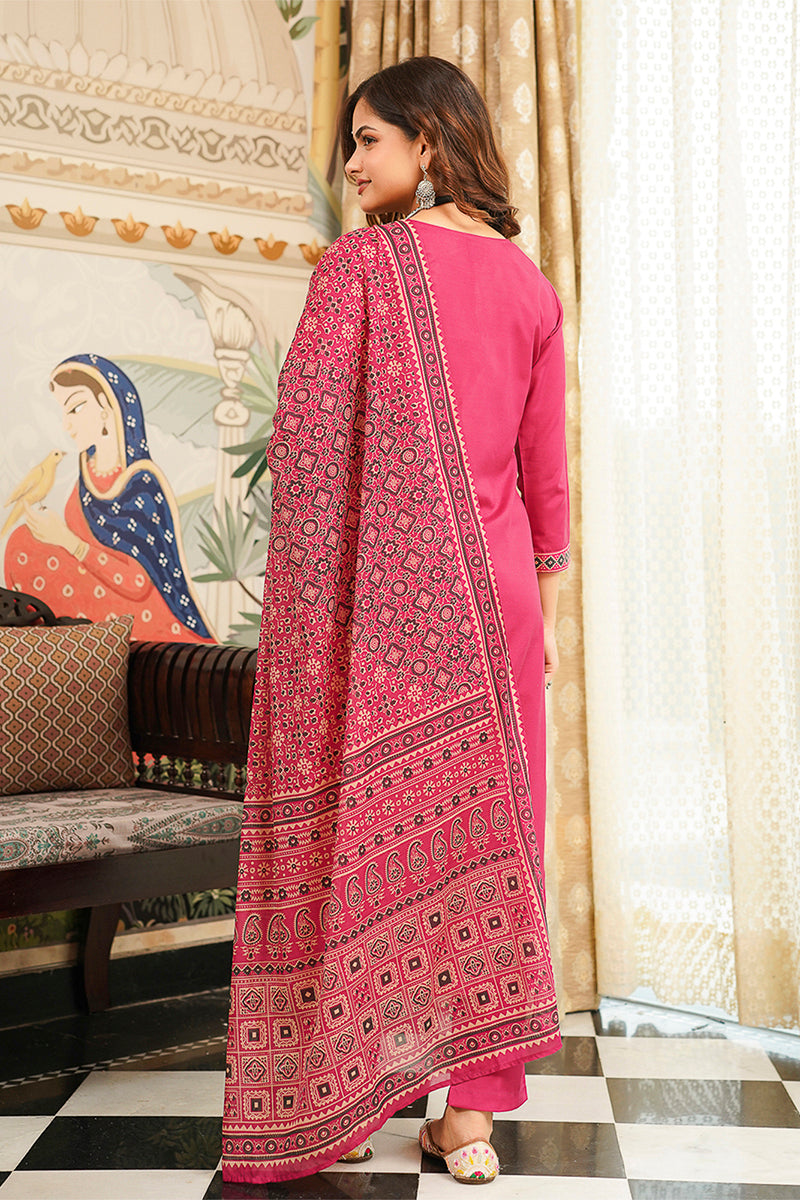 Pink Cotton Blend Ajrakh Printed Straight Kurta Trousers With Dupatta PKSKD3069