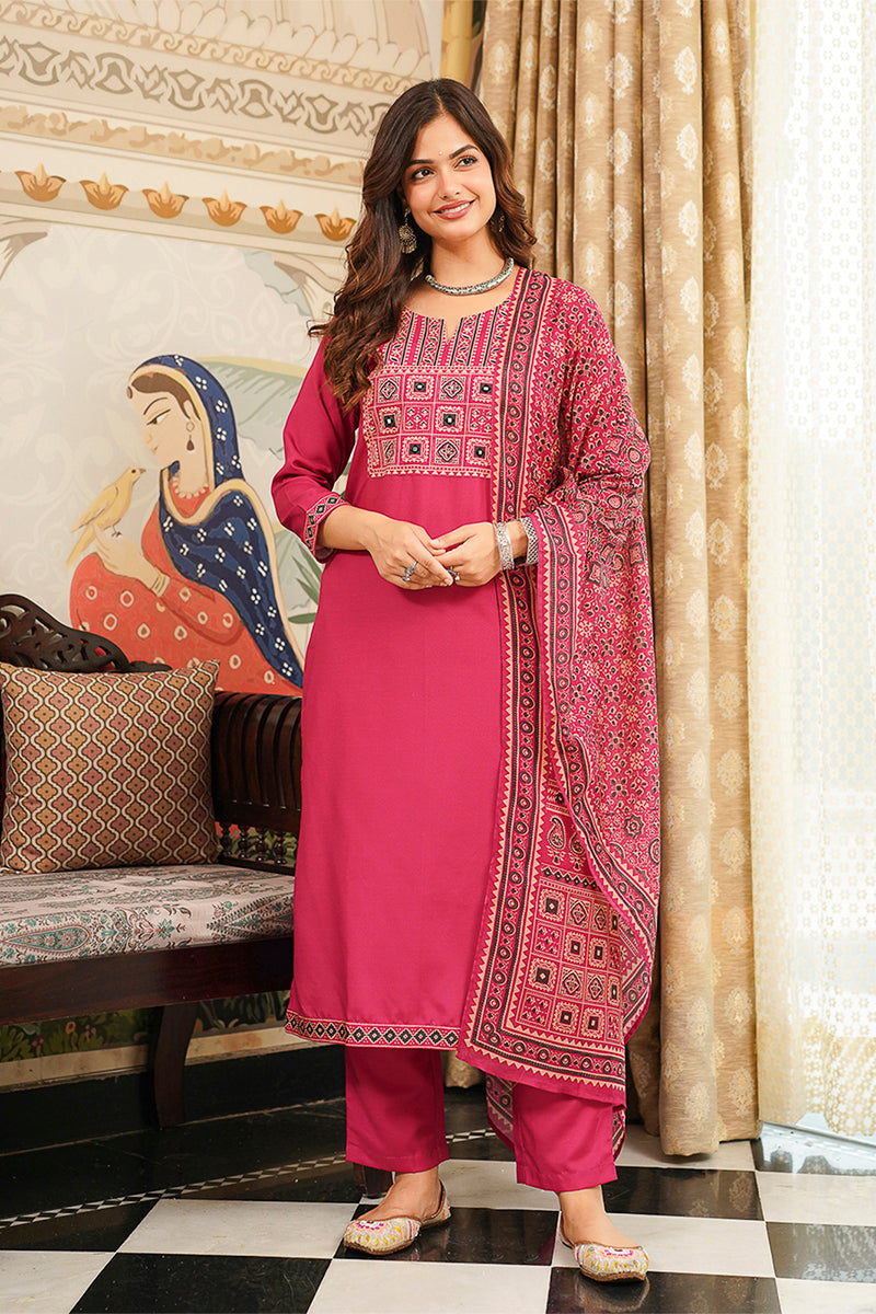 Pink Cotton Blend Ajrakh Printed Straight Kurta Trousers With Dupatta PKSKD3069