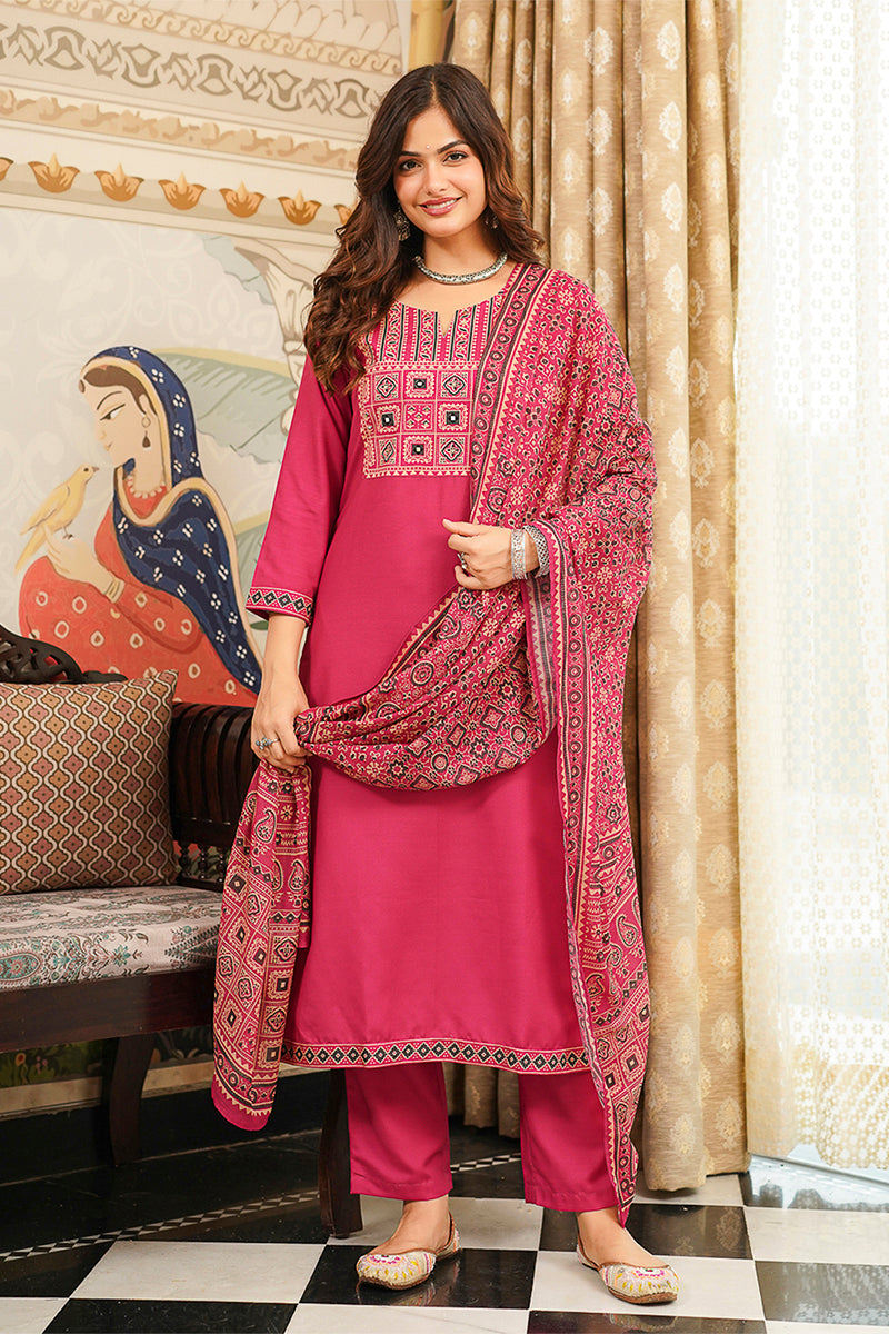 Pink Cotton Blend Ajrakh Printed Straight Kurta Trousers With Dupatta PKSKD3069