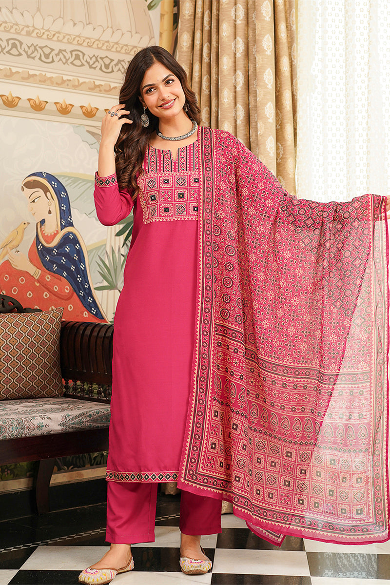 Pink Cotton Blend Ajrakh Printed Straight Kurta Trousers With Dupatta PKSKD3069