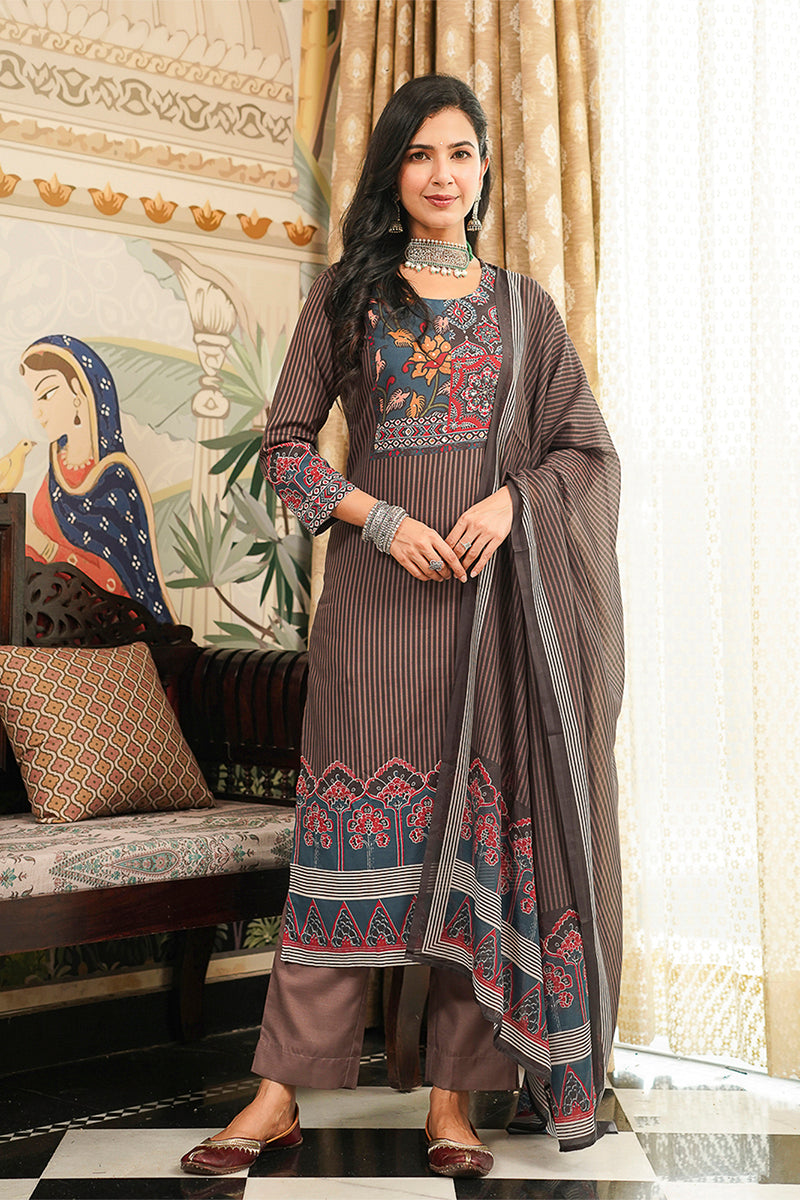 Brown Cotton Blend Ethnic Motifs Printed Straight Kurta Trousers With Dupatta PKSKD3072