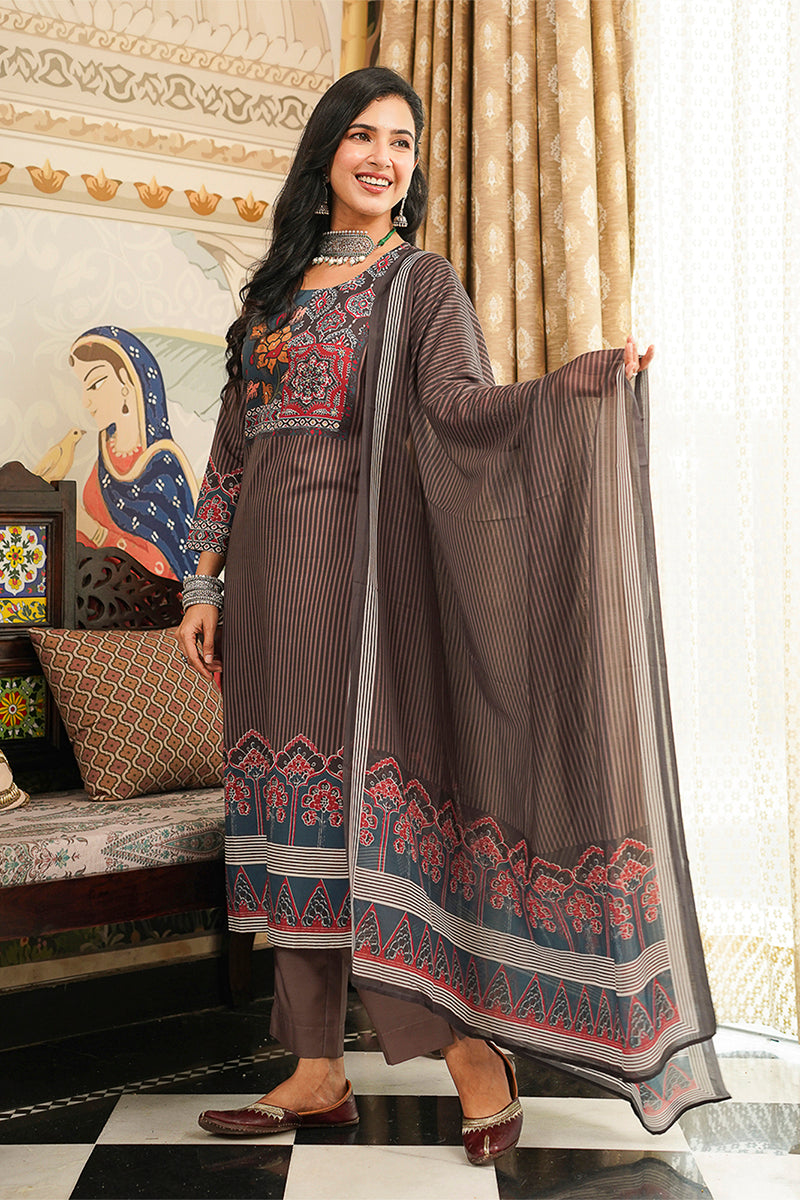 Brown Cotton Blend Ethnic Motifs Printed Straight Kurta Trousers With Dupatta PKSKD3072