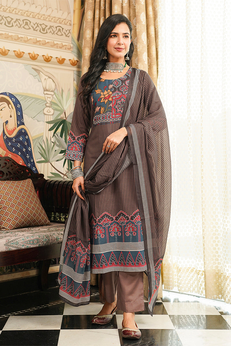 Brown Cotton Blend Ethnic Motifs Printed Straight Kurta Trousers With Dupatta PKSKD3072