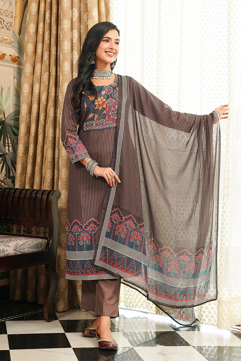 Brown Cotton Blend Ethnic Motifs Printed Straight Kurta Trousers With Dupatta PKSKD3072