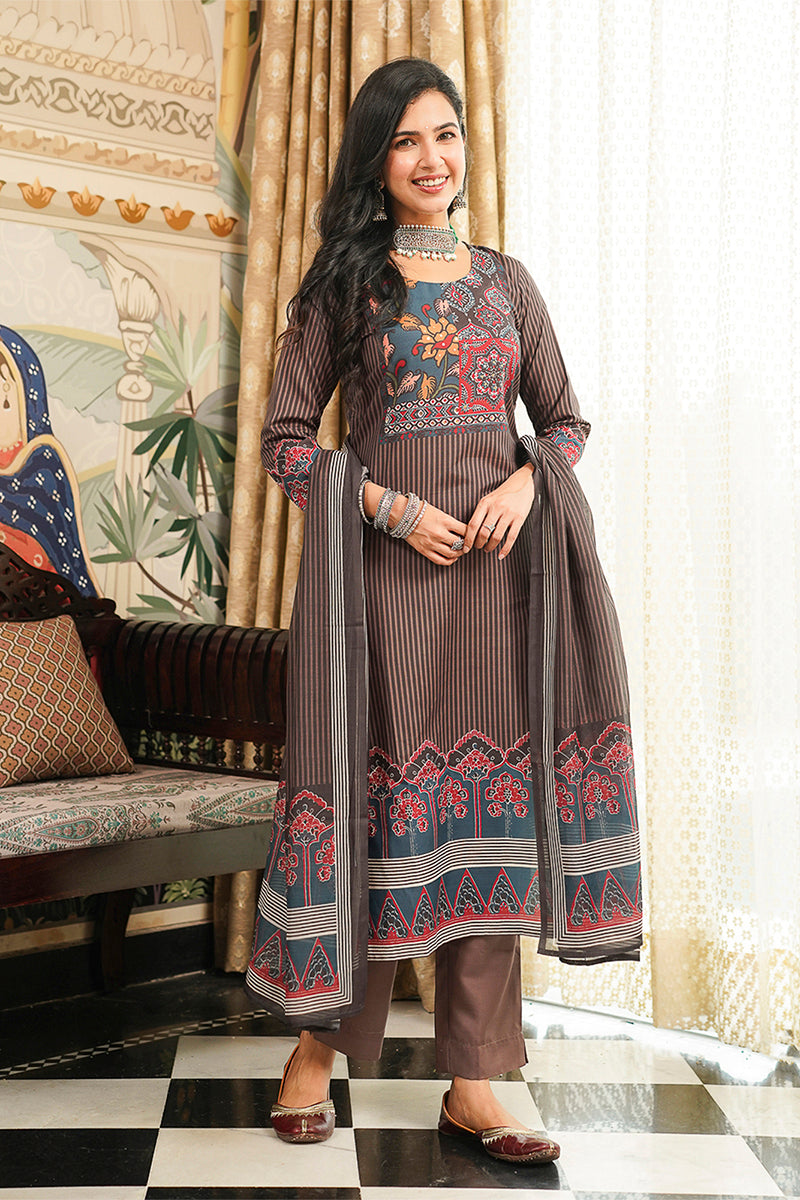 Brown Cotton Blend Ethnic Motifs Printed Straight Kurta Trousers With Dupatta PKSKD3072