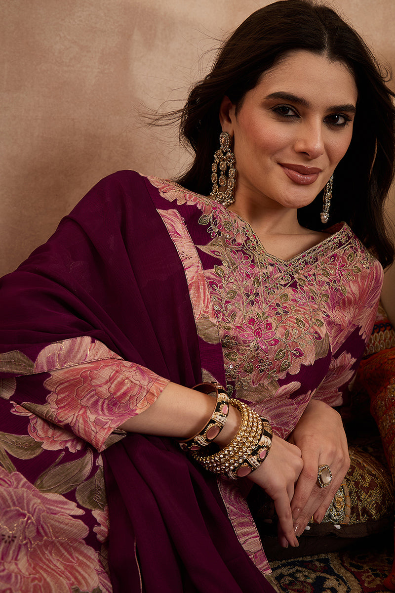 Purple Silk Blend Floral Embroidered Straight Kurta Trousers With Dupatta PKSKD3074