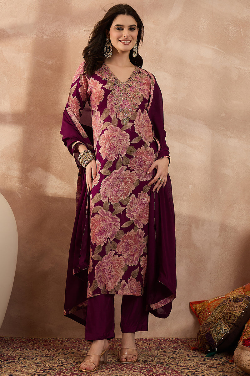 Purple Silk Blend Floral Embroidered Straight Kurta Trousers With Dupatta PKSKD3074