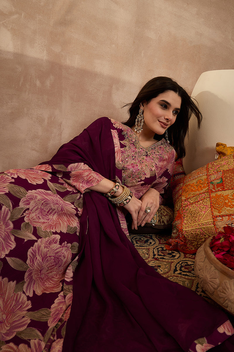 Purple Silk Blend Floral Embroidered Straight Kurta Trousers With Dupatta PKSKD3074