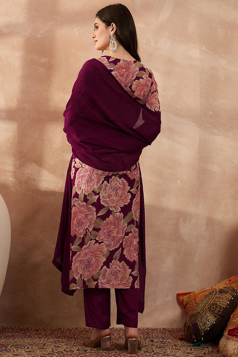 Purple Silk Blend Floral Embroidered Straight Kurta Trousers With Dupatta PKSKD3074