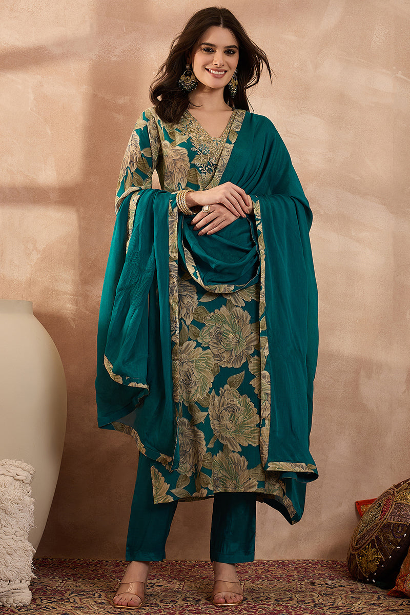 Teal Silk Blend Floral Embroidered Straight Kurta Trousers With Dupatta PKSKD3075