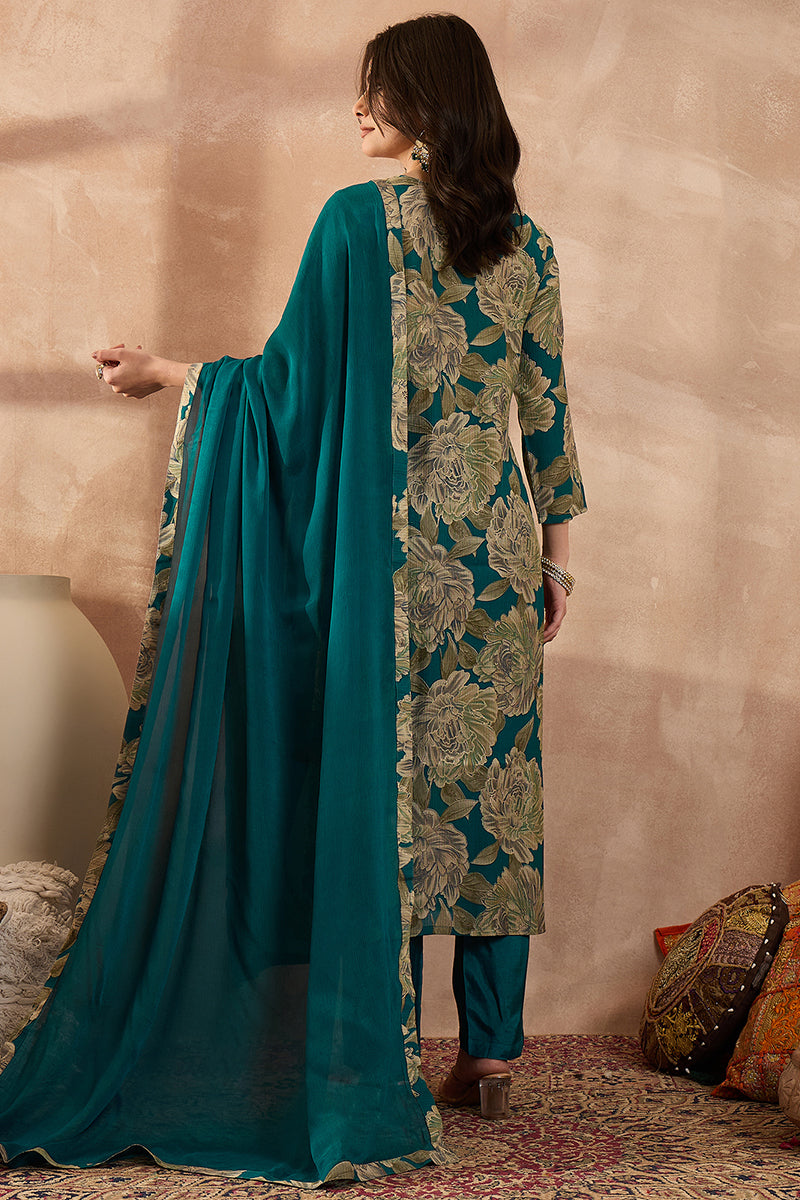 Teal Silk Blend Floral Embroidered Straight Kurta Trousers With Dupatta PKSKD3075