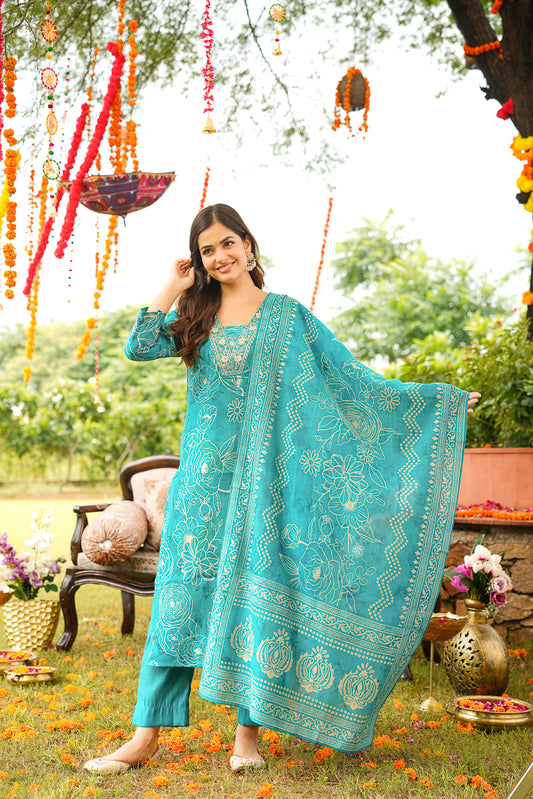 Blue Viscose Rayon Floral Embroidered Straight Kurta Trousers With Dupatta PKSKD3077
