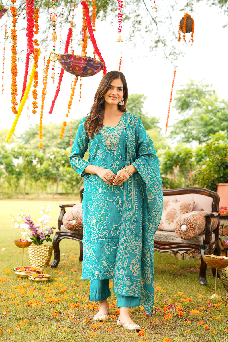 Blue Viscose Rayon Floral Embroidered Straight Kurta Trousers With Dupatta PKSKD3077