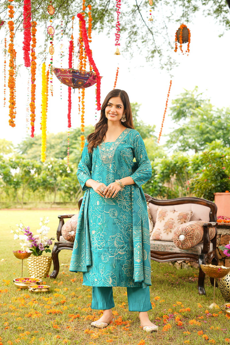 Blue Viscose Rayon Floral Embroidered Straight Kurta Trousers With Dupatta PKSKD3077