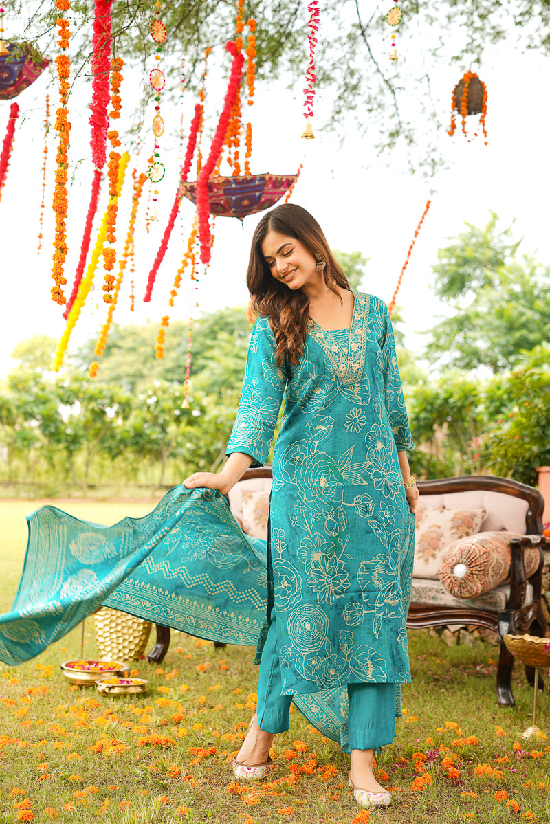 Blue Viscose Rayon Floral Embroidered Straight Kurta Trousers With Dupatta PKSKD3077