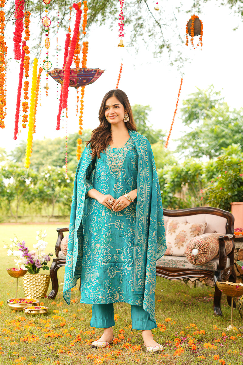 Blue Viscose Rayon Floral Embroidered Straight Kurta Trousers With Dupatta PKSKD3077