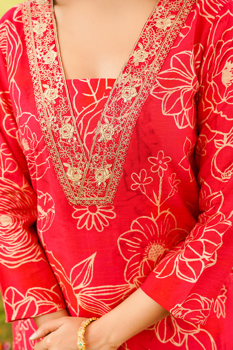 Red Viscose Rayon Floral Embroidered Straight Kurta Trousers With Dupatta PKSKD3078