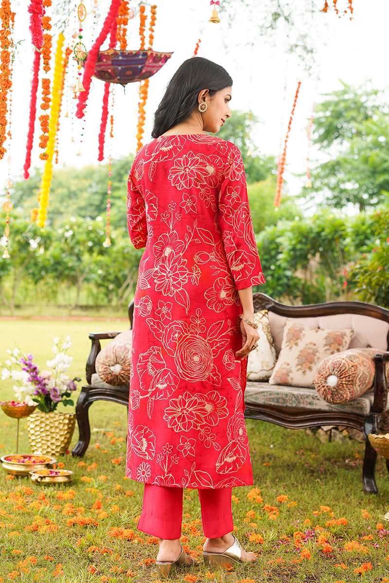 Red Viscose Rayon Floral Embroidered Straight Kurta Trousers With Dupatta PKSKD3078