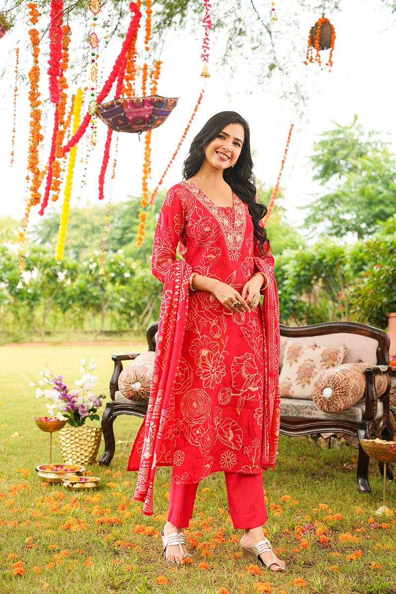 Red Viscose Rayon Floral Embroidered Straight Kurta Trousers With Dupatta PKSKD3078