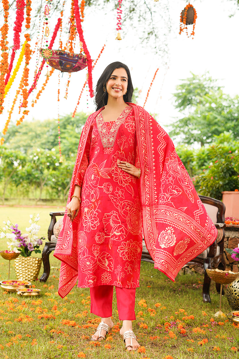 Red Viscose Rayon Floral Embroidered Straight Kurta Trousers With Dupatta PKSKD3078