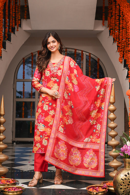 Red Viscose Rayon Floral Printed Straight Kurta Trousers With Dupatta PKSKD3079