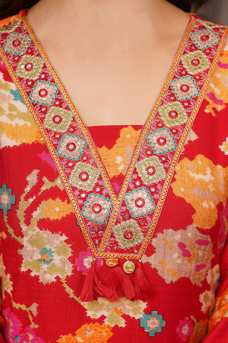 Red Viscose Rayon Floral Printed Straight Kurta Trousers With Dupatta PKSKD3079