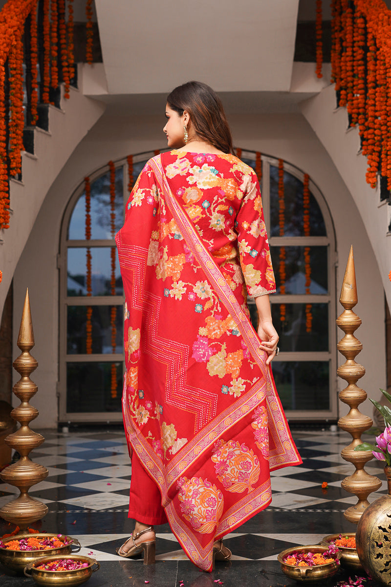 Red Viscose Rayon Floral Printed Straight Kurta Trousers With Dupatta PKSKD3079