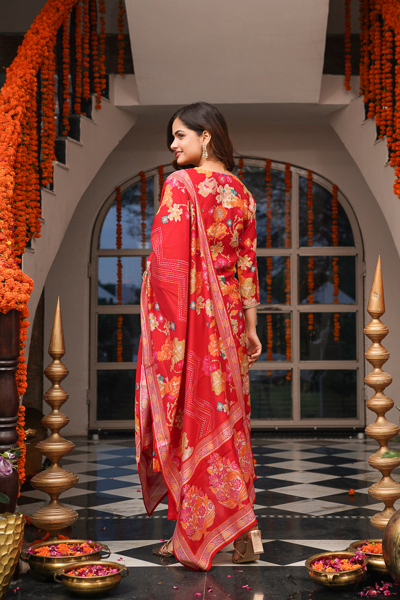 Red Viscose Rayon Floral Printed Straight Kurta Trousers With Dupatta PKSKD3079