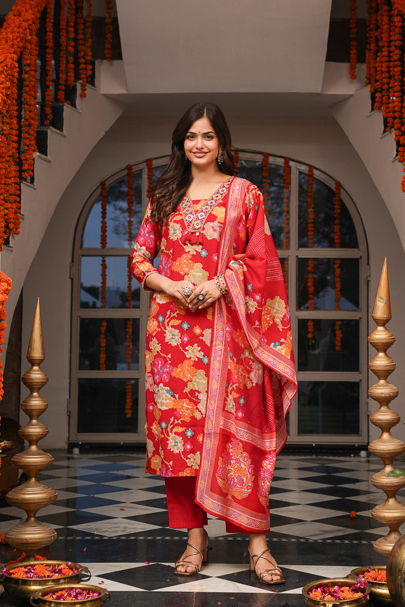 Red Viscose Rayon Floral Printed Straight Kurta Trousers With Dupatta PKSKD3079