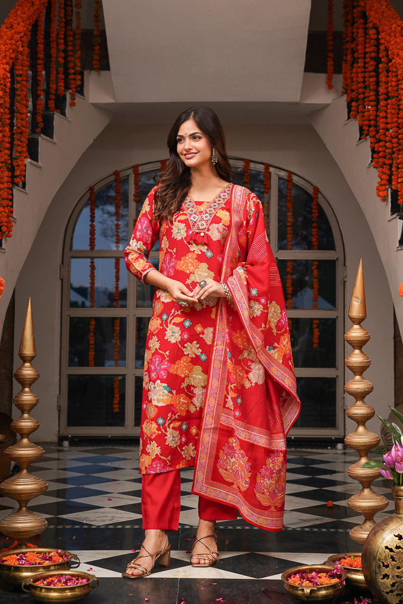 Red Viscose Rayon Floral Printed Straight Kurta Trousers With Dupatta PKSKD3079