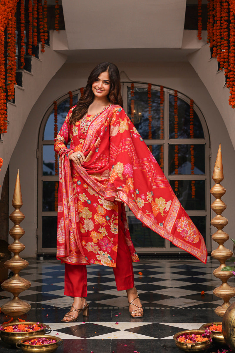 Red Viscose Rayon Floral Printed Straight Kurta Trousers With Dupatta PKSKD3079