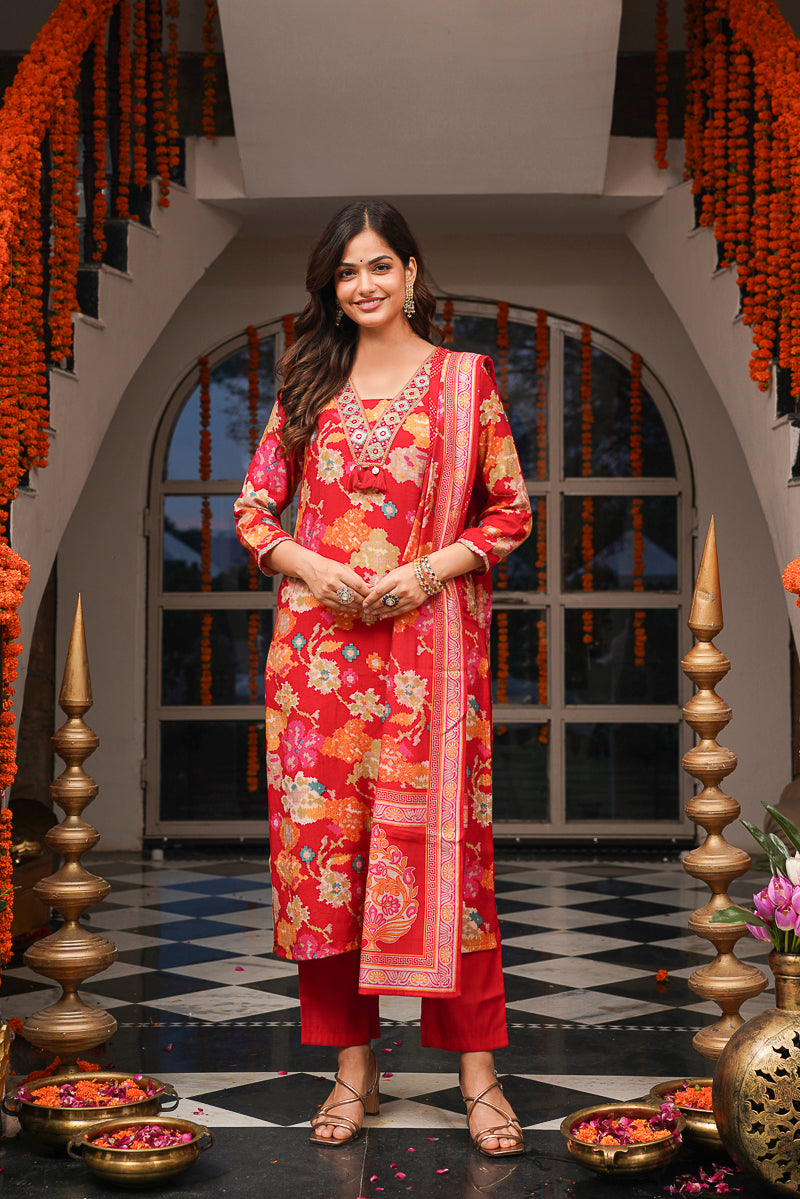Red Viscose Rayon Floral Printed Straight Kurta Trousers With Dupatta PKSKD3079