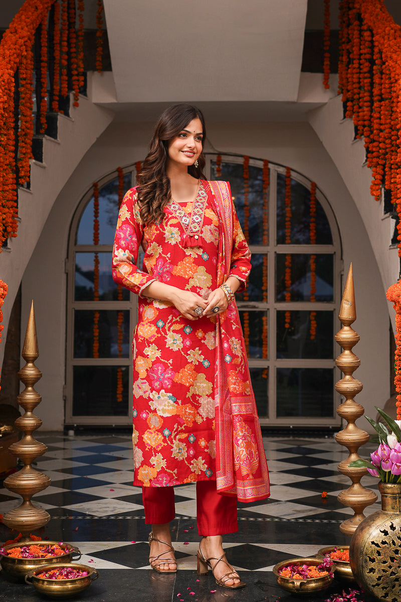 Red Viscose Rayon Floral Printed Straight Kurta Trousers With Dupatta PKSKD3079