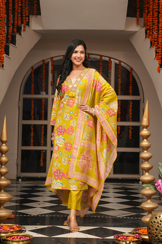 Yellow Viscose Rayon Geometric Embroidered Straight Kurta Trousers With Dupatta PKSKD3080