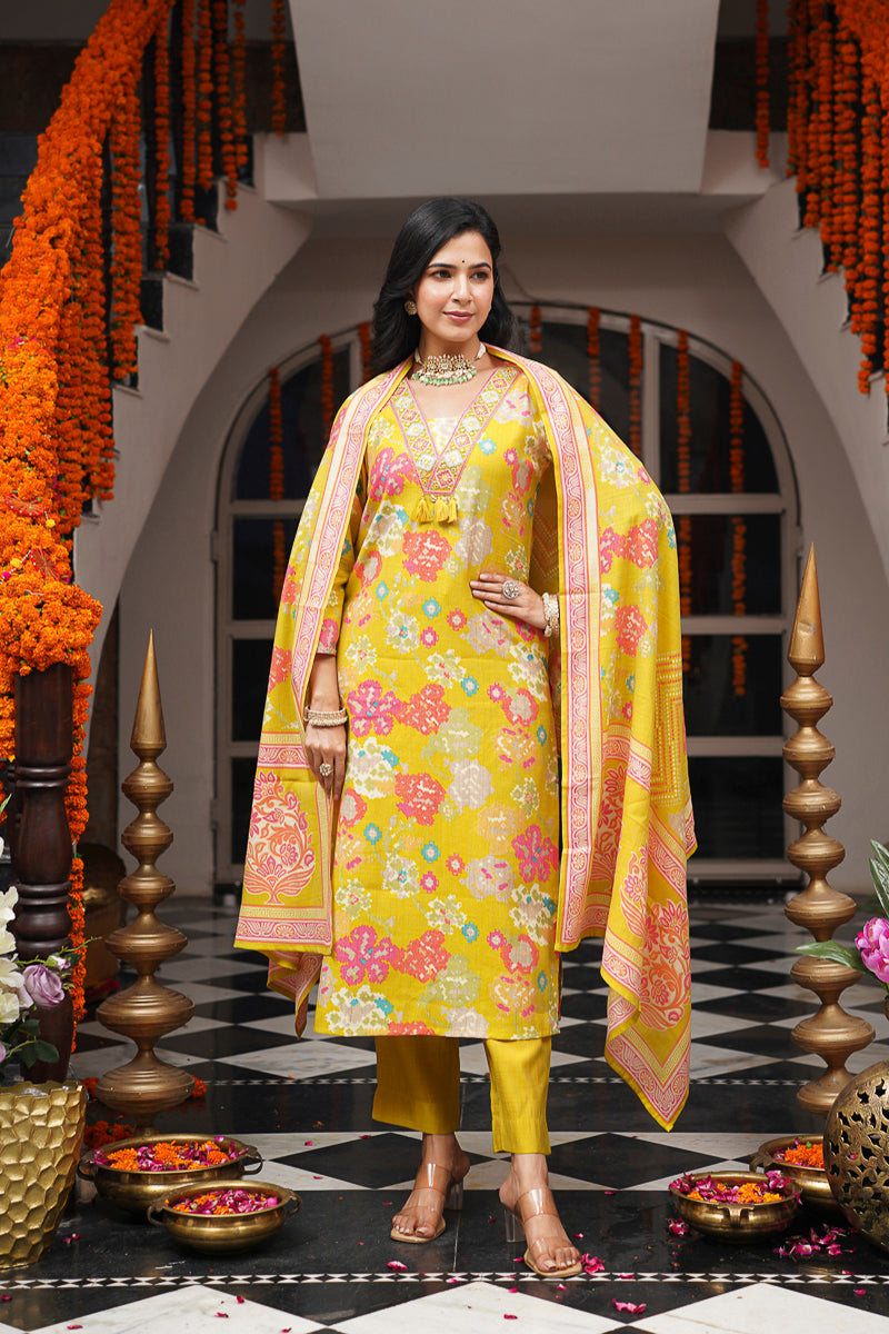 Yellow Viscose Rayon Geometric Embroidered Straight Kurta Trousers With Dupatta PKSKD3080
